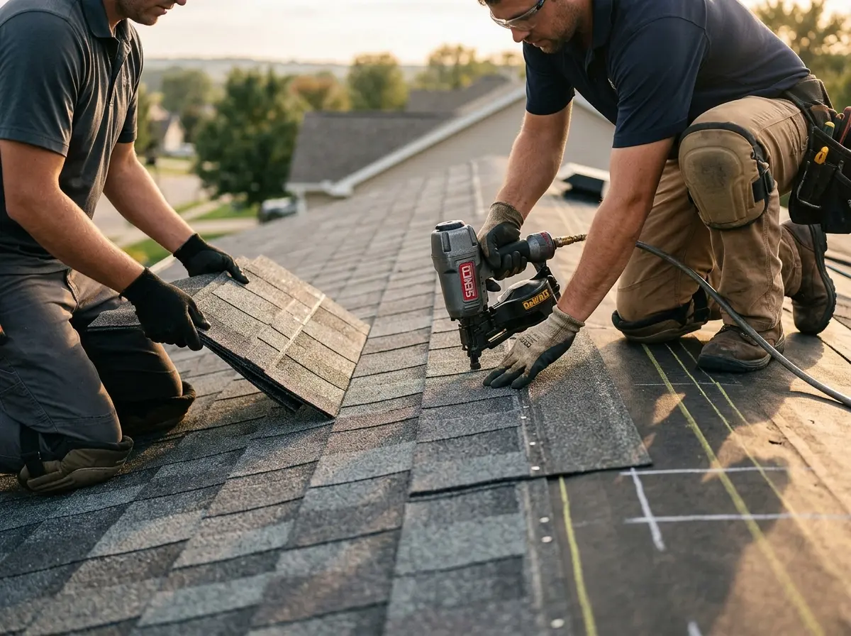 Professional roofer working on a residential roof in Wyckoff
